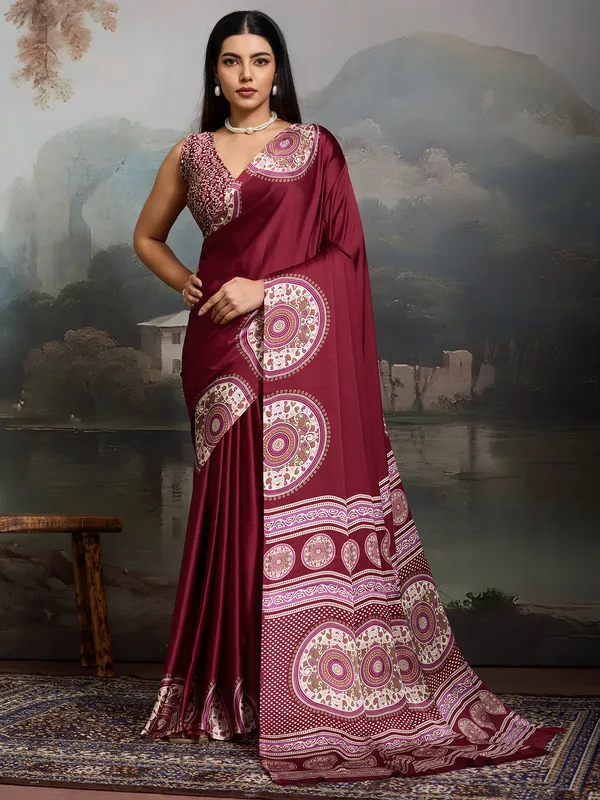 Women's_Satin_Burgundy_Printed_Designer_Saree_With_Blouse_Piece