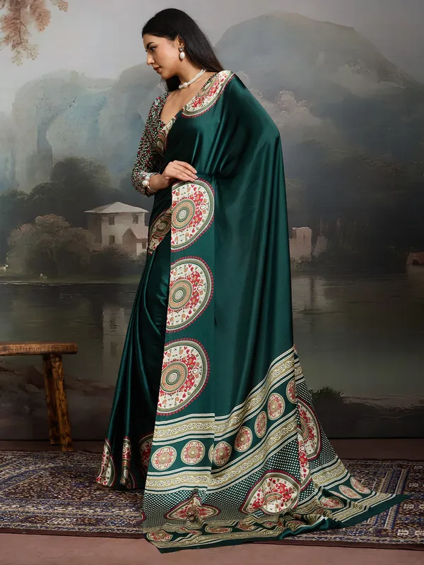 Women's_Satin_Dark_Green_Printed_Designer_Saree_With_Blouse_Piece