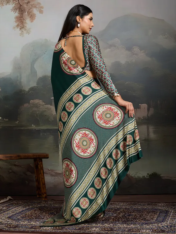 Women's_Satin_Dark_Green_Printed_Designer_Saree_With_Blouse_Piece