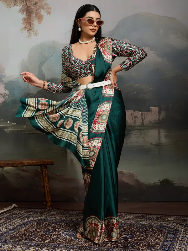 Women's_Satin_Dark_Green_Printed_Designer_Saree_With_Blouse_Piece