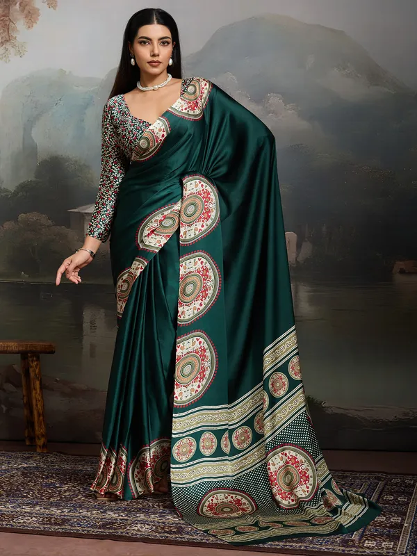 Women's_Satin_Dark_Green_Printed_Designer_Saree_With_Blouse_Piece