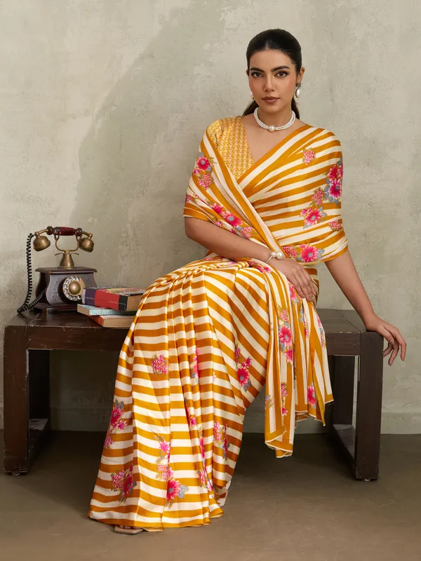 Women's_Satin_Mustard_Printed_Designer_Saree_With_Blouse_Piece