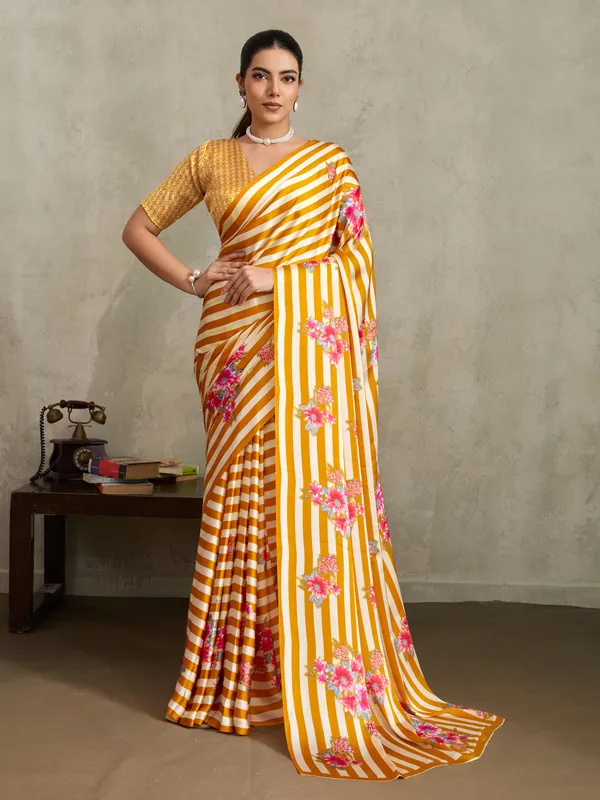 Women's_Satin_Mustard_Printed_Designer_Saree_With_Blouse_Piece