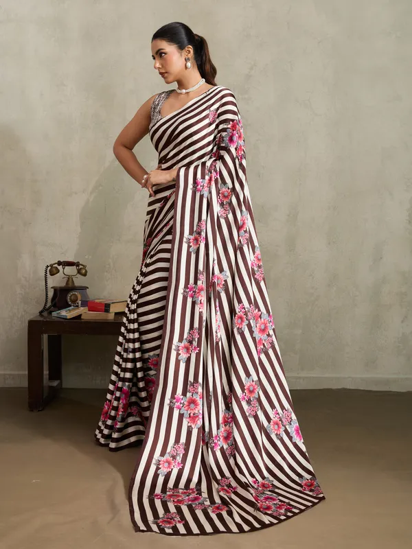 Women's_Satin_Coffee_Brown_Printed_Designer_Saree_With_Blouse_Piece