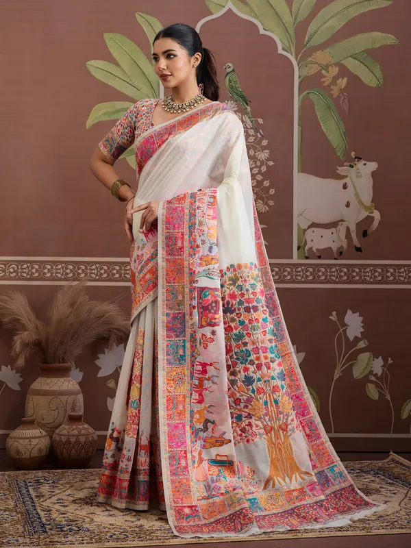 Women's_Cotton_White_Woven_Design_Designer_Saree_With_Blouse_Piece