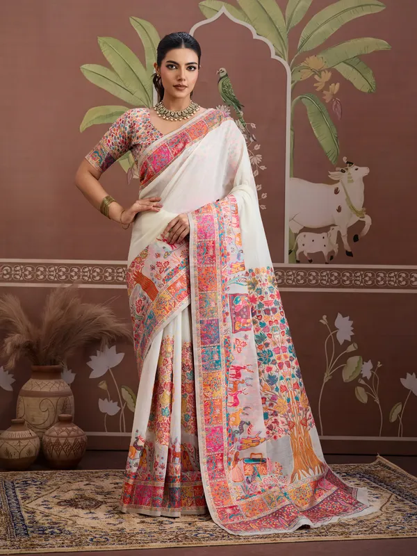 Women's_Cotton_White_Woven_Design_Designer_Saree_With_Blouse_Piece