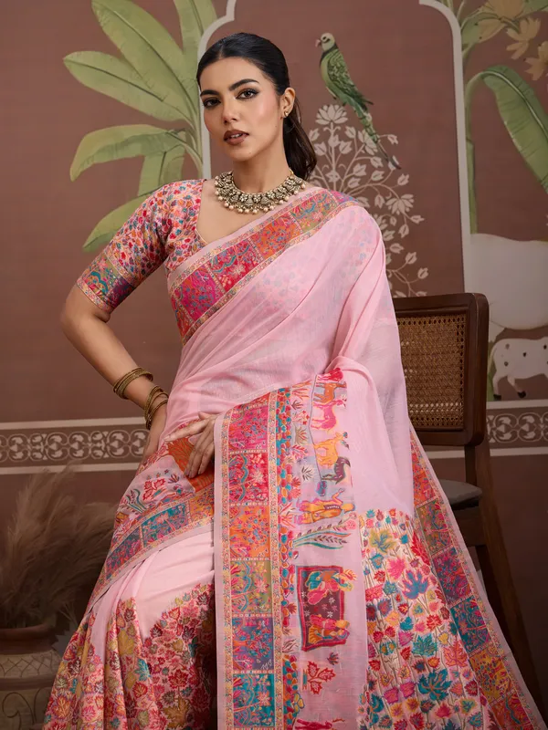 Women's_Cotton_Pink_Woven_Design_Designer_Saree_With_Blouse_Piece