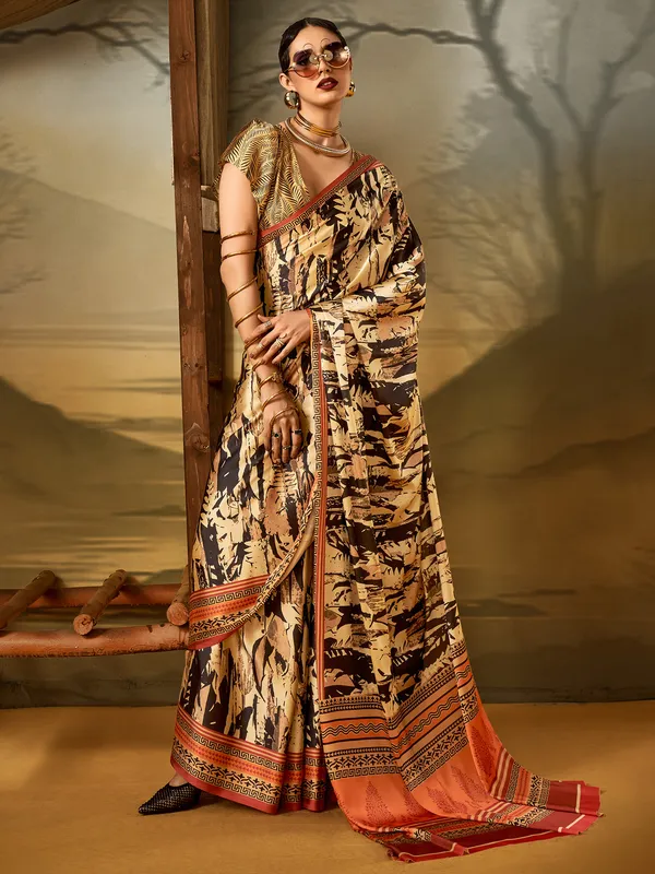 Women's_Crepe_Beige_Printed_Designer_Saree_With_Blouse_Piece