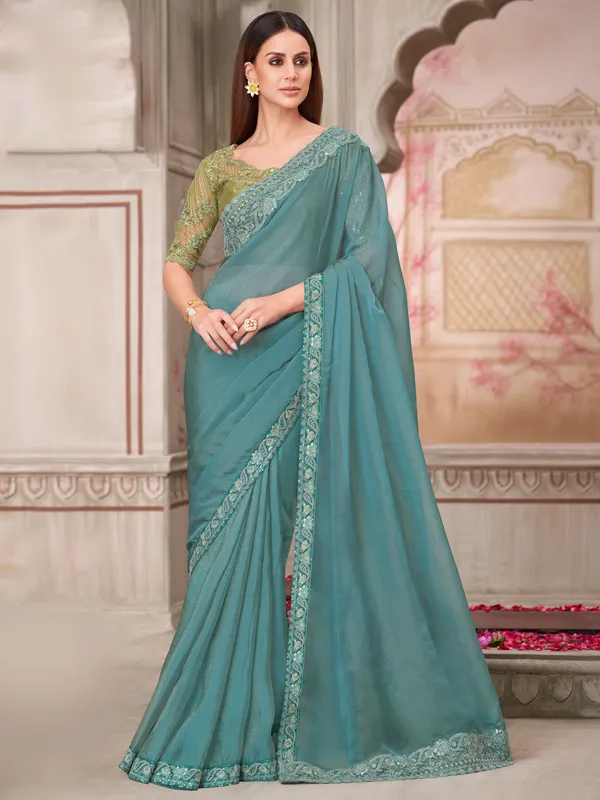 Women's_Pure_Georgette_Turquoise_Embellished_Designer_Saree_With_Blouse_Piece