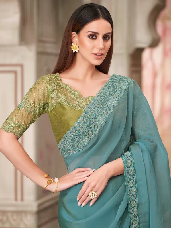 Women's_Pure_Georgette_Turquoise_Embellished_Designer_Saree_With_Blouse_Piece