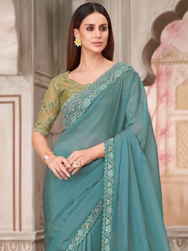 Women's_Pure_Georgette_Turquoise_Embellished_Designer_Saree_With_Blouse_Piece