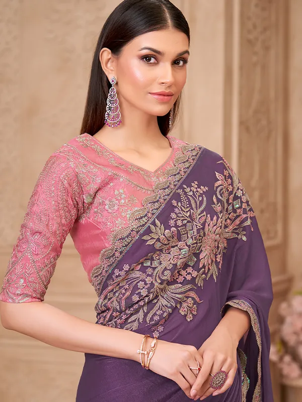 Women's_Georgette_Lavender_Embellished_Designer_Saree_With_Blouse_Piece