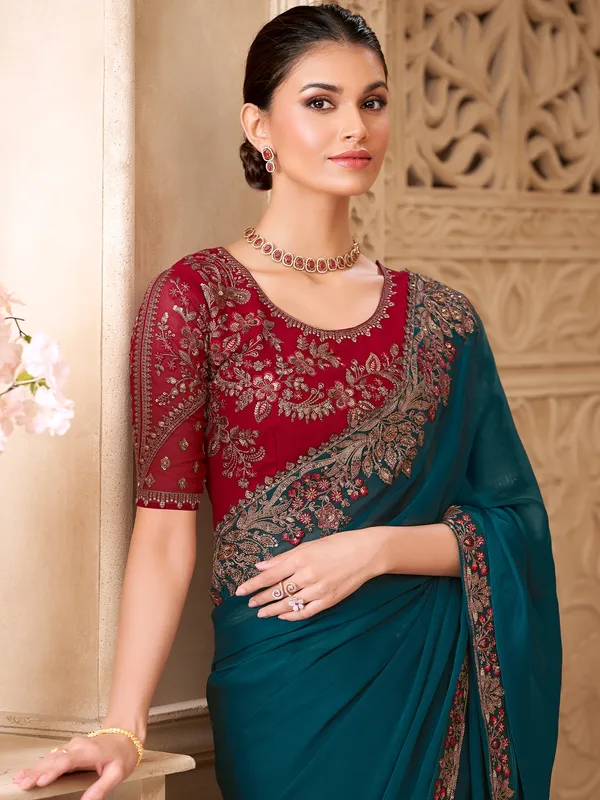 Women's_Georgette_Teal_blue_Embellished_Designer_Saree_With_Blouse_Piece
