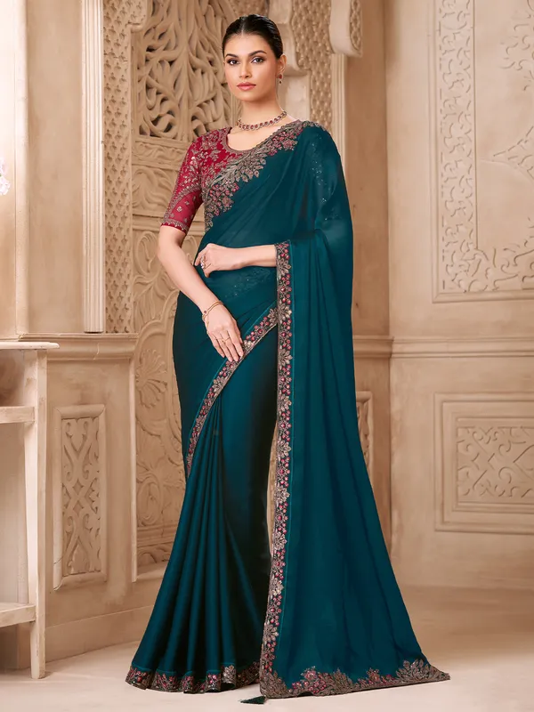 Women's_Georgette_Teal_blue_Embellished_Designer_Saree_With_Blouse_Piece