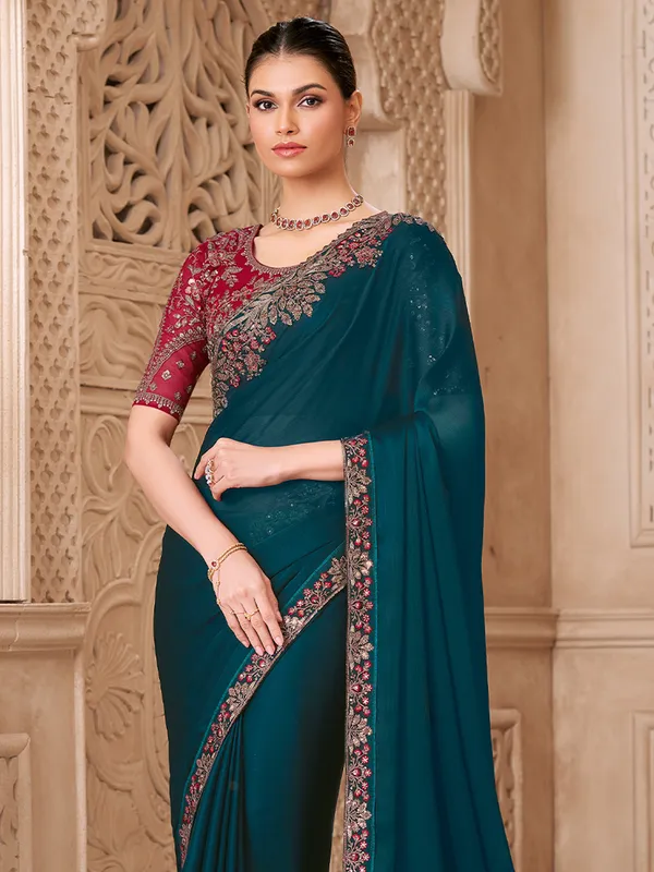 Women's_Georgette_Teal_blue_Embellished_Designer_Saree_With_Blouse_Piece