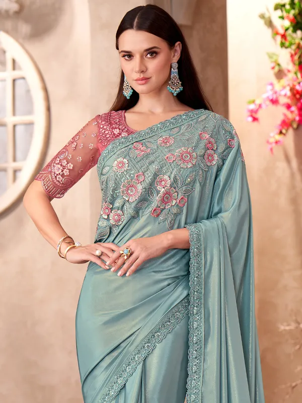 Women's_Georgette_Turquoise_Embellished_Designer_Saree_With_Blouse_Piece