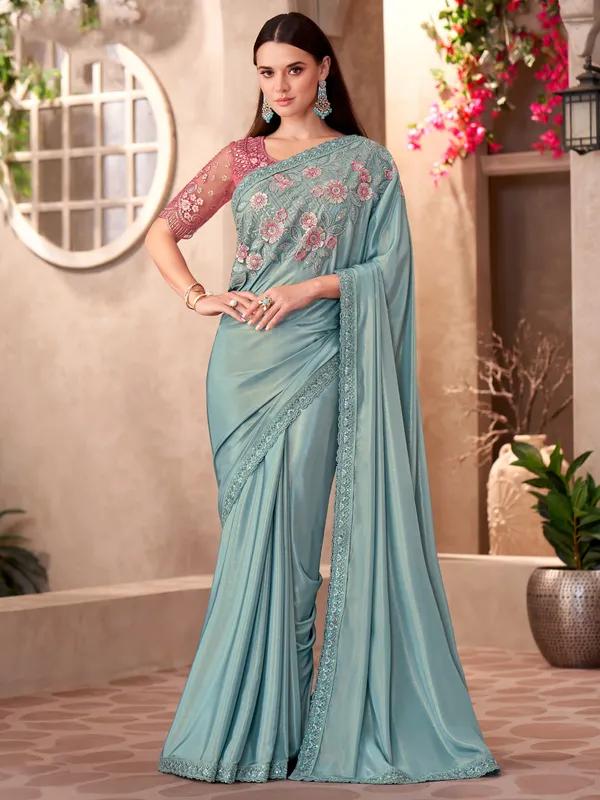 Women's_Georgette_Turquoise_Embellished_Designer_Saree_With_Blouse_Piece