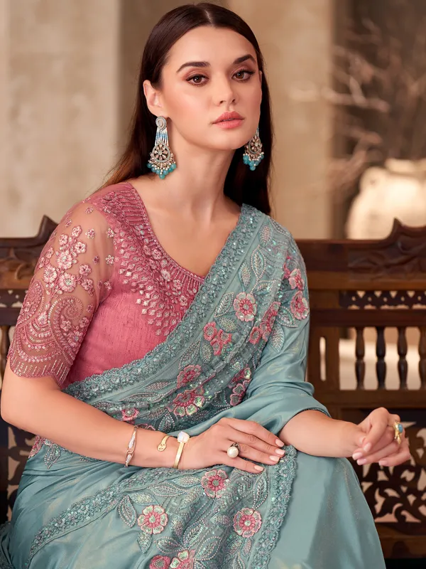 Women's_Georgette_Turquoise_Embellished_Designer_Saree_With_Blouse_Piece