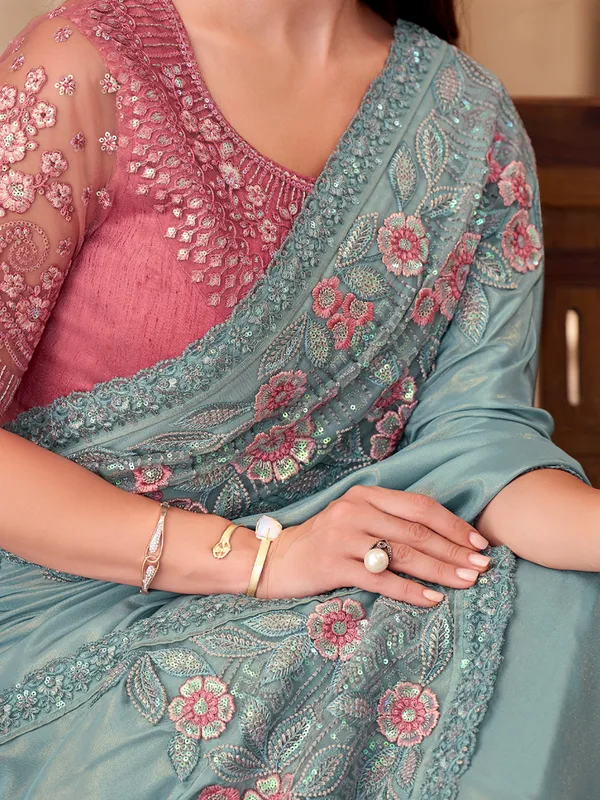 Women's_Georgette_Turquoise_Embellished_Designer_Saree_With_Blouse_Piece