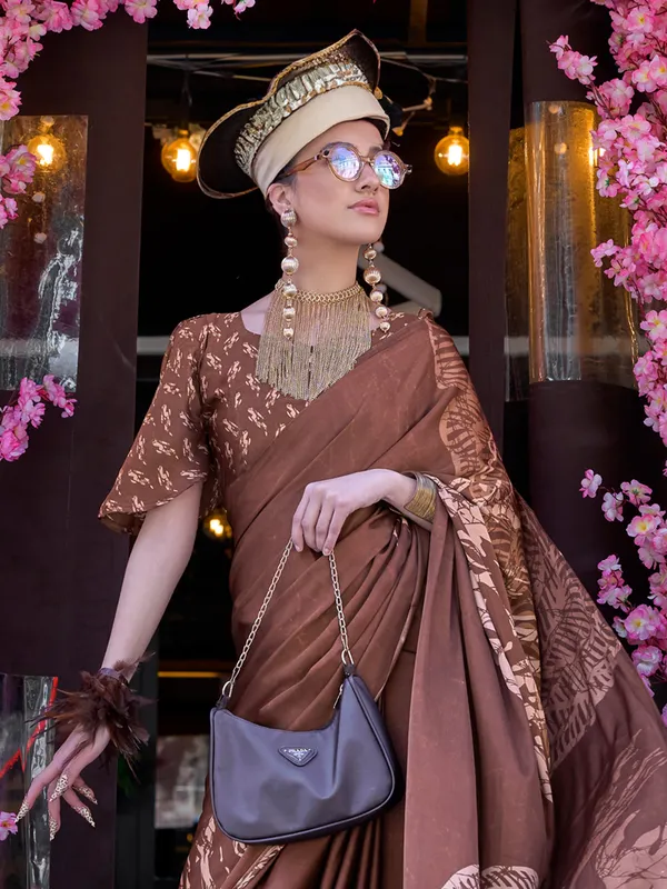 Women's_Crepe_Brown_Printed_Designer_Saree_With_Blouse_Piece