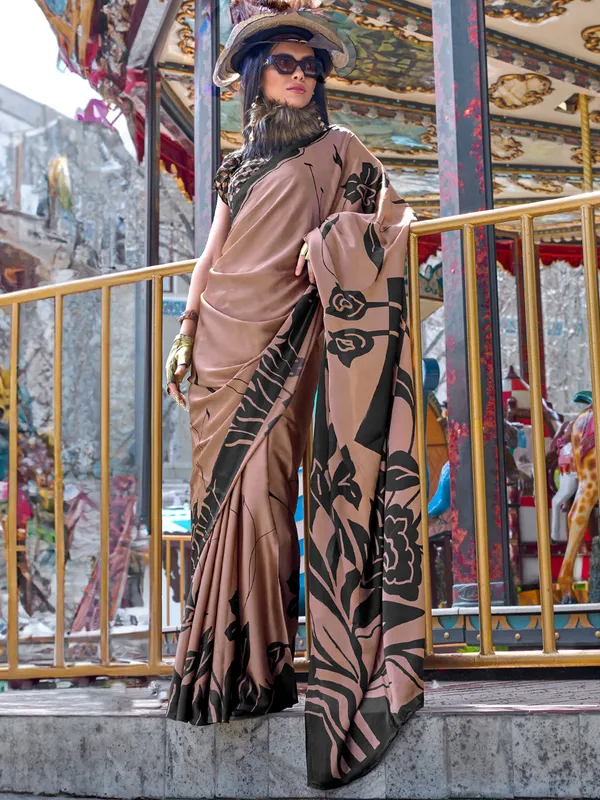 Women's_Crepe_Brown_Printed_Designer_Saree_With_Blouse_Piece