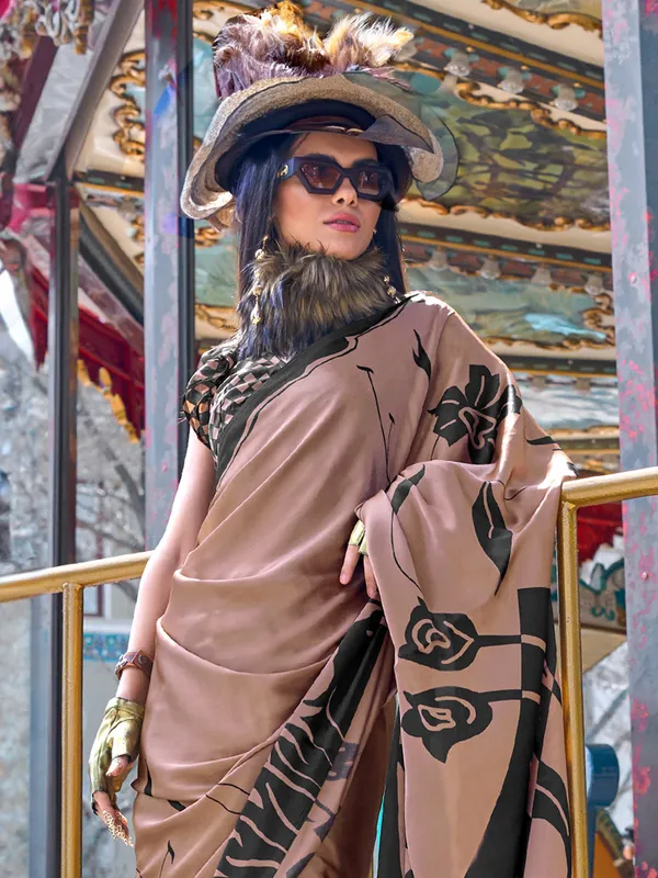 Women's_Crepe_Brown_Printed_Designer_Saree_With_Blouse_Piece