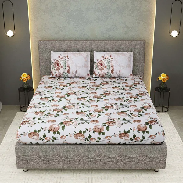 White_Floral_Printed_Cotton_Bedsheet_Set_with_2_Pillow_Covers_�_Soft_Double_Bed_Bedding