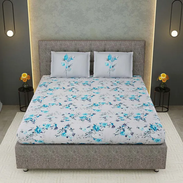 White_&_Sky_Blue_Floral_Printed_Cotton_Bedsheet_Set_with_2_Pillow_Covers_�_Soft_Double_Bed_Bedding