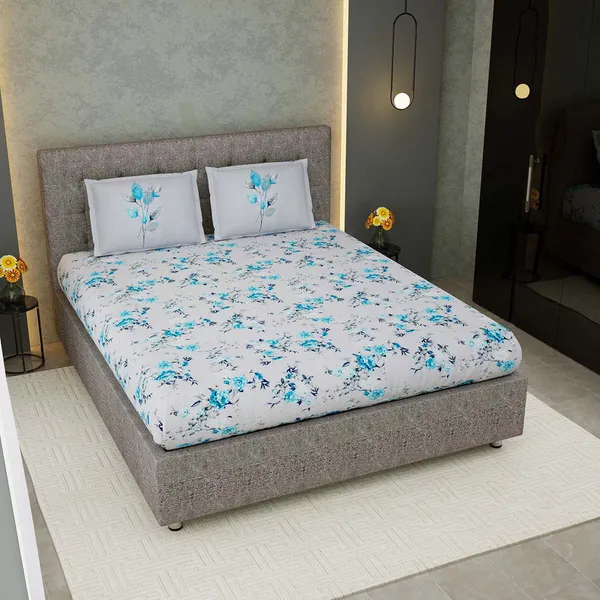 White_&_Sky_Blue_Floral_Printed_Cotton_Bedsheet_Set_with_2_Pillow_Covers_�_Soft_Double_Bed_Bedding