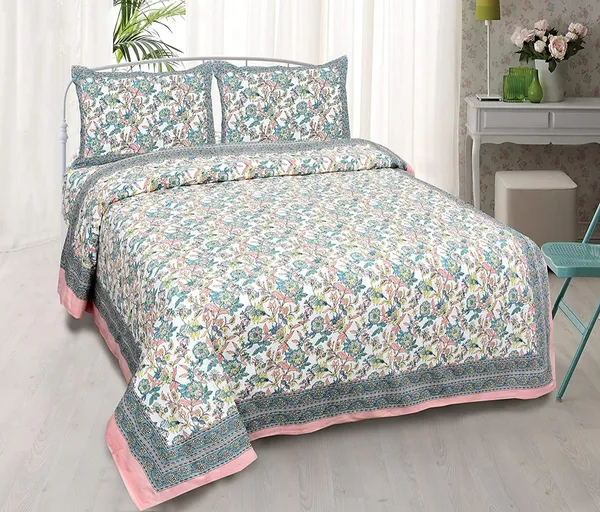 Blush_Teal_Pure_Cotton_Ethnic_Jaipuri_Printed_Double_Bedsheet_With_2_Pillow_Covers_For_Home_Decor