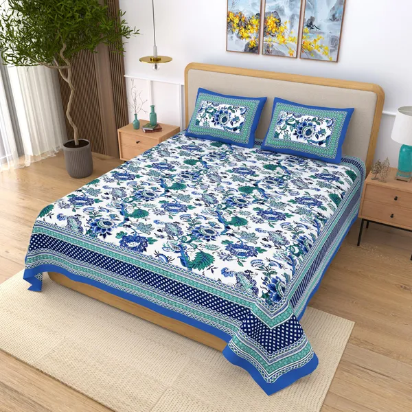 Sky_Blue_Pure_Cotton_Ethnic_Jaipuri_Printed_Double_Bedsheet_With_2_Pillow_Covers_For_Home_Decor