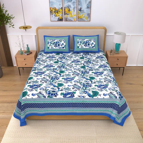 Sky_Blue_Pure_Cotton_Ethnic_Jaipuri_Printed_Double_Bedsheet_With_2_Pillow_Covers_For_Home_Decor