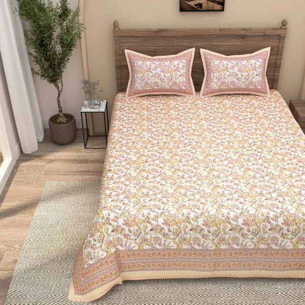 Peach_Pure_Cotton_Ethnic_Jaipuri_Printed_Double_Bedsheet_With_2_Pillow_Covers_For_Home_Decor