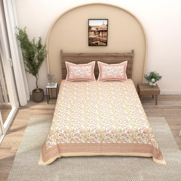 Peach_Pure_Cotton_Ethnic_Jaipuri_Printed_Double_Bedsheet_With_2_Pillow_Covers_For_Home_Decor