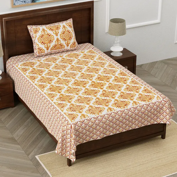 Yellow_100%_Pure_Cotton_Jaipuri_Sanganeri_Print_Single_Bedsheet_With_1_Pillow_Cover_For_Home_Decor
