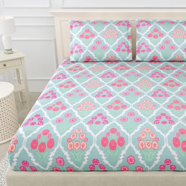 Mint_Green_Floral_Printed_Cotton_Bedsheet_Set_with_2_Pillow_Covers_�_Soft_Double_Bed_Bedding