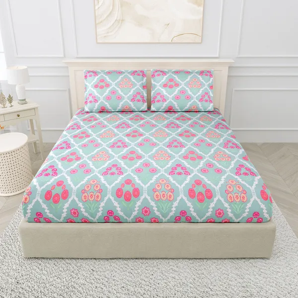 Mint_Green_Floral_Printed_Cotton_Bedsheet_Set_with_2_Pillow_Covers_�_Soft_Double_Bed_Bedding