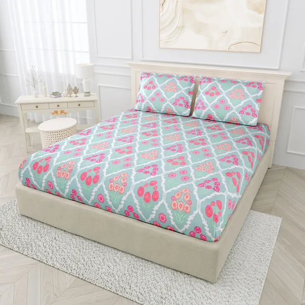 Mint_Green_Floral_Printed_Cotton_Bedsheet_Set_with_2_Pillow_Covers_�_Soft_Double_Bed_Bedding