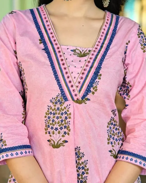 Pink_Trendy_Floral_Block_Print_Cotton_A-Line_Kurta_With_Pant_And_Dupatta_For_Women