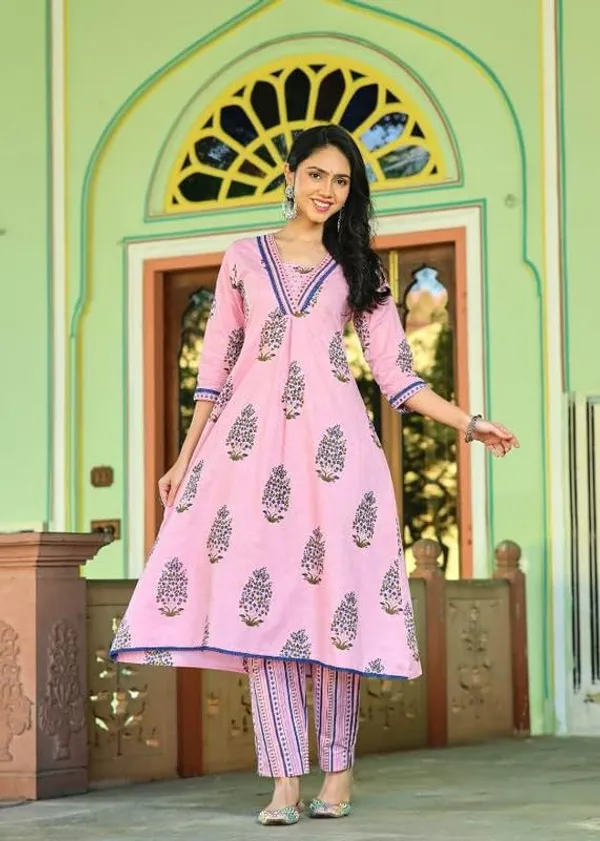 Pink_Trendy_Floral_Block_Print_Cotton_A-Line_Kurta_With_Pant_And_Dupatta_For_Women