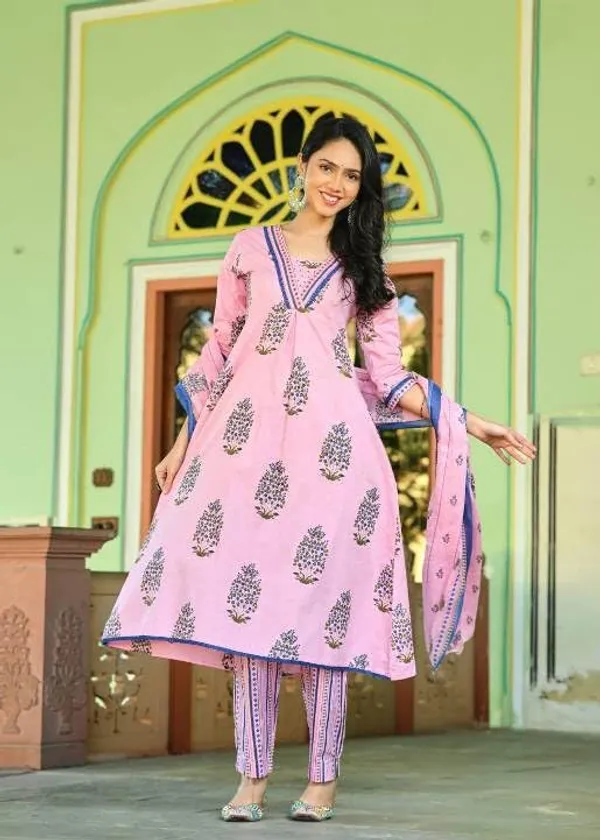 Pink_Trendy_Floral_Block_Print_Cotton_A-Line_Kurta_With_Pant_And_Dupatta_For_Women
