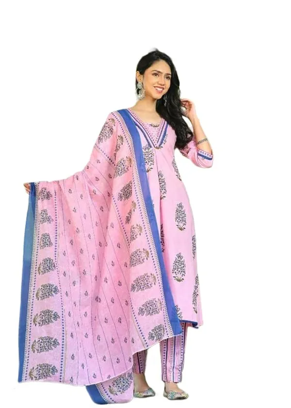 Pink_Trendy_Floral_Block_Print_Cotton_A-Line_Kurta_With_Pant_And_Dupatta_For_Women