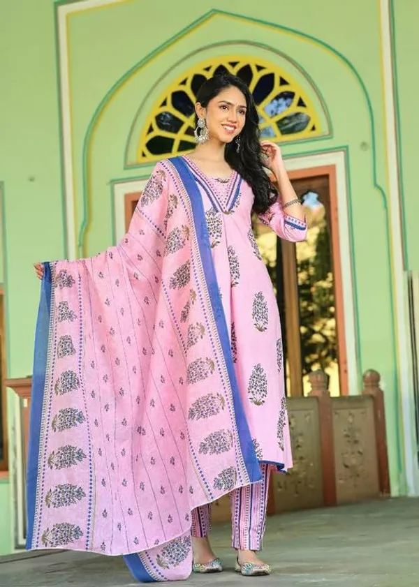 Pink_Trendy_Floral_Block_Print_Cotton_A-Line_Kurta_With_Pant_And_Dupatta_For_Women