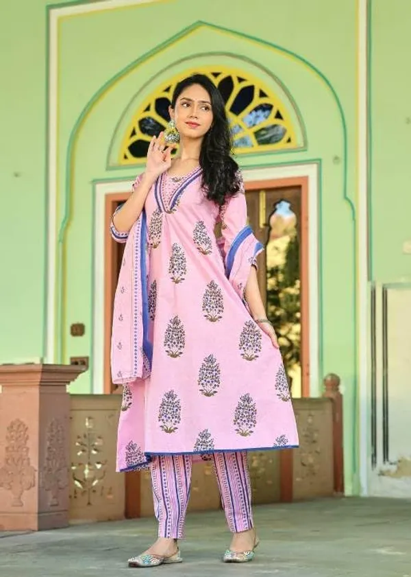 Pink_Trendy_Floral_Block_Print_Cotton_A-Line_Kurta_With_Pant_And_Dupatta_For_Women