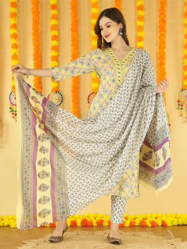 Light_Yellow_Trendy_Floral_Screen_Print_Cotton_Straight_Kurta_With_Pant_And_Dupatta_For_Women