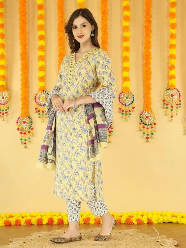 Light_Yellow_Trendy_Floral_Screen_Print_Cotton_Straight_Kurta_With_Pant_And_Dupatta_For_Women