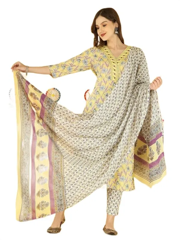 Light_Yellow_Trendy_Floral_Screen_Print_Cotton_Straight_Kurta_With_Pant_And_Dupatta_For_Women