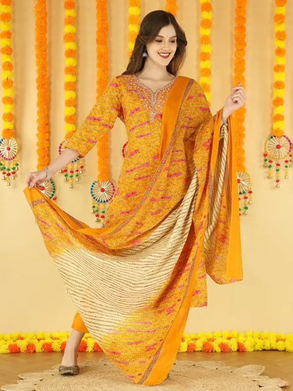 Yellow_Trendy_Floral_Screen_Print_Cotton_Straight_Kurta_With_Pant_And_Dupatta_For_Women