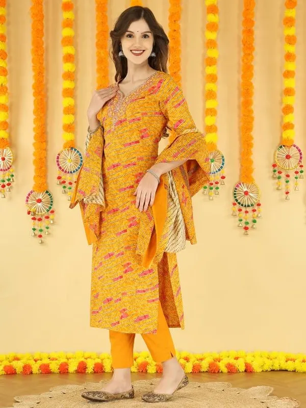 Yellow_Trendy_Floral_Screen_Print_Cotton_Straight_Kurta_With_Pant_And_Dupatta_For_Women