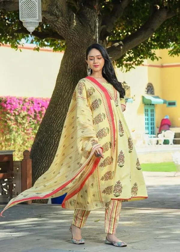 Yellow_Trendy_Floral_Block_Print_Cotton_A-Line_Kurta_With_Pant_And_Dupatta_For_Women